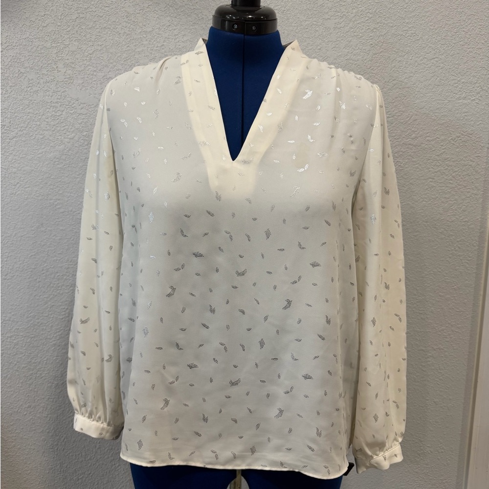 Ann Taylor Ivory V-Neck Long Sleeve Blouse with Silver Foil Accents